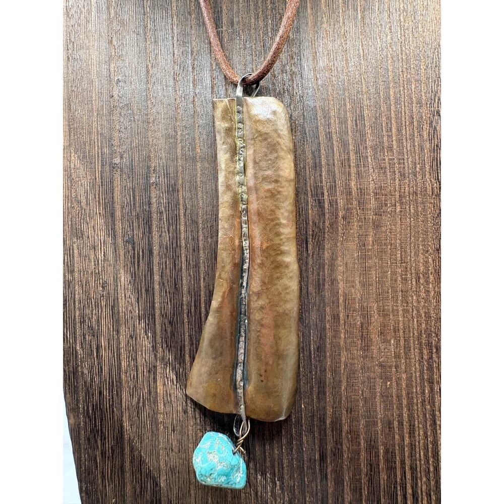 Vintage VTG Artisan-made necklace with a long copper pendant, turquoise bead, le